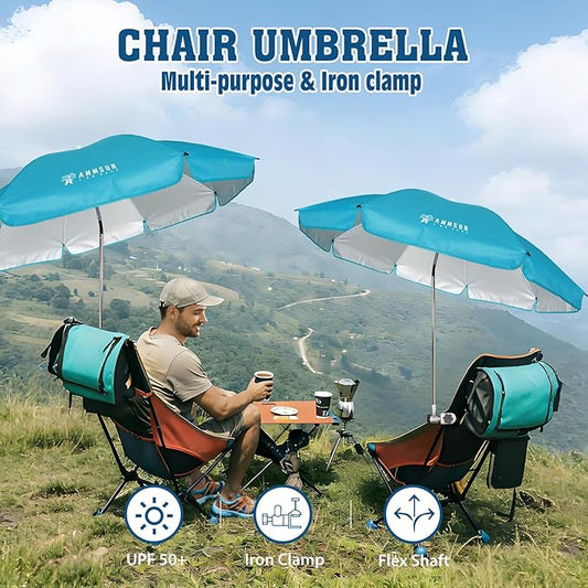 AMMSUN Chair Umbrella with Universal Clamp Adjustable 47 inches and 360° Swivel & UPF 50+ Protection Portable Sun Umbrella, Secure Clip on Camping/Beach Chairs, Stroller, Wheelchair, Golf cart, Lounger, Light Blue, 2 PACK