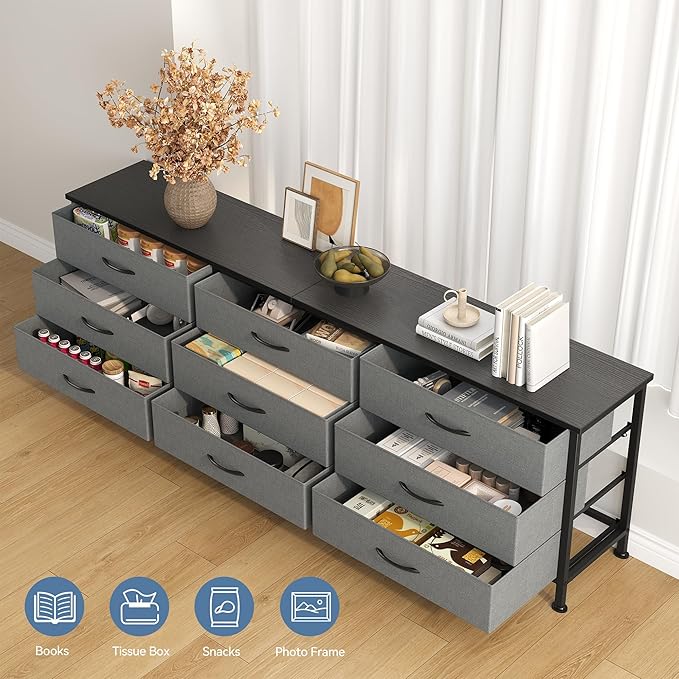 DUMOS TV Stands for Living Room Furniture with 9 Fabric Drawers, Long Entertainment Center Up to 75 Inch TV, Media Console Table with Storage for Bedroom, Adjustable Feet, Grey.
