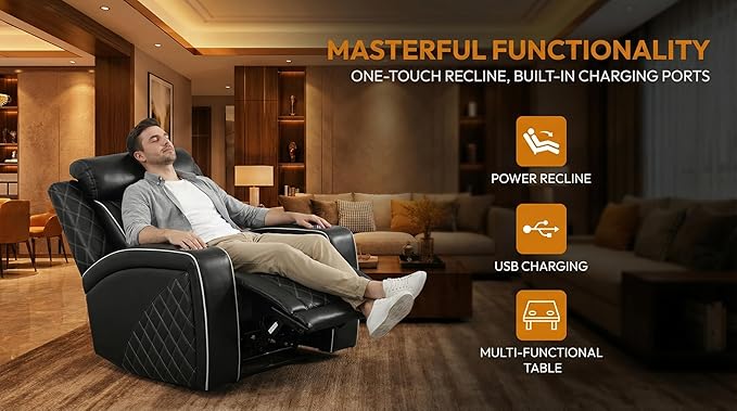 3 Piece Living Room Furniture Set with Cup Holders, Power Recliner Sofa Set, Black Breathing Leather Reclining Couch with LED Lights/Charging Ports/Storage Console for Living Room/Office