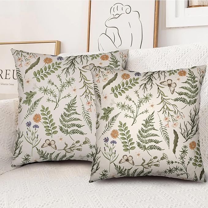 Sage Green Leaves Pillow Covers 20x20 Set of 2 Spring Botanical Fern Leaf Outdoor Decorative Pillow Cases Summer Farmhouse Wildflower Floral Cushion Covers for Couch Sofa Porch Decor
