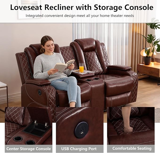 Power Recliner Sectional Sofa with LED, Breathing Leather Reclining Sectional Couch, L Shaped Couch with Dual Recliners, USB Port, Cup Holder&Storage (Garnet, Sectional+Loveseat(8 Seats))