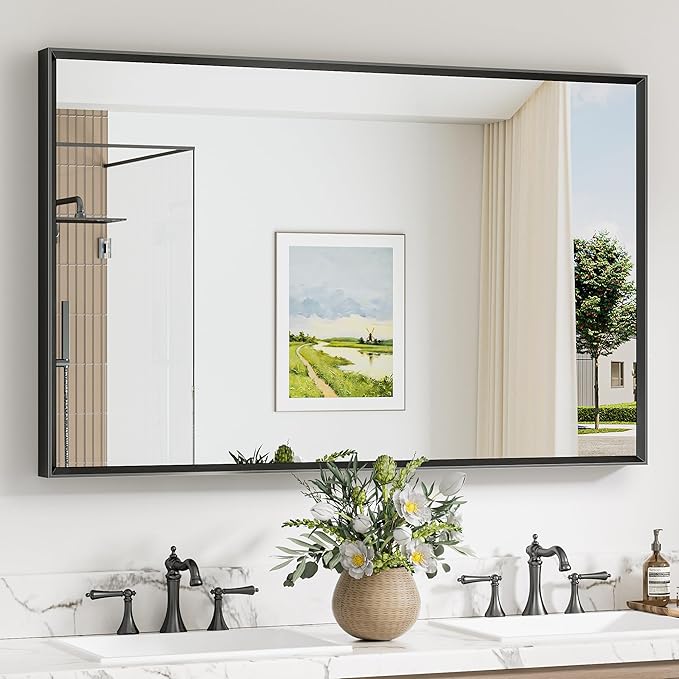 Keonjinn 48 x 30 Inch Black Bathroom Mirrors for Over Sink, Beveled Rectangle Framed Mirrors for Wall, Black Bathroom Vanity Mirror, Tempered Glass, Square Corner, Farmhouse Style
