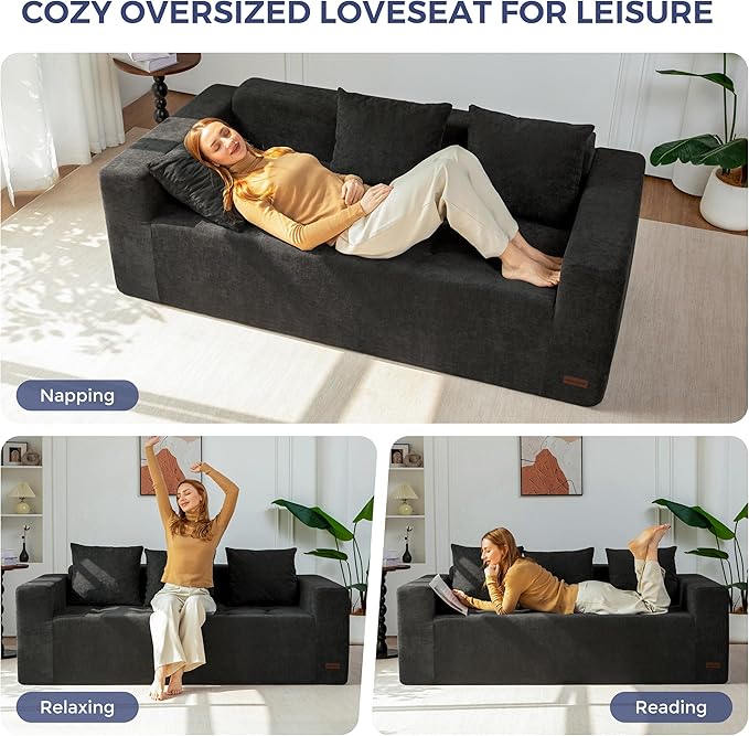 MAXYOYO Modular Sofa Couch, 75" Oversized Loveseat Boneless Cloud Couch with Deep Seat, Chenille Upholstered Living Room Sleeper Sofa Chair for Living Room, No Assembly Required, Black
