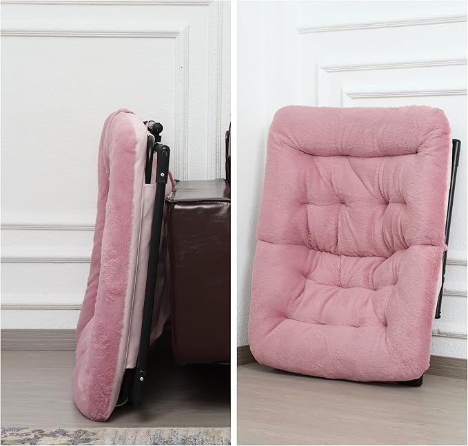 Comfy Saucer Chair for Adults, Soft Faux Fur Bedroom Chair with Ottoman, Accent Dorm Chairs, Living Room Reading Chairs and Footstool, Folding Seat for Teens, X-Large, Dusky Pink