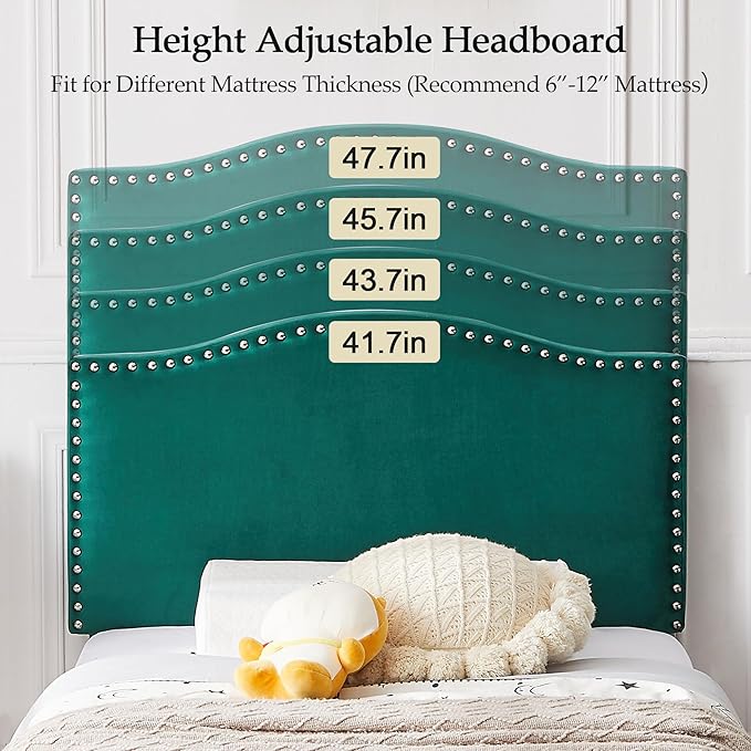 VECELO Twin Bed Frame, Platform Bed Frame with Adjustable Height Upholstered Headboard, Heavy-Duty Frame and Strong Wooden Slats Support, Non-Slip and Noise-Free, Easy Assembly, Dark Green