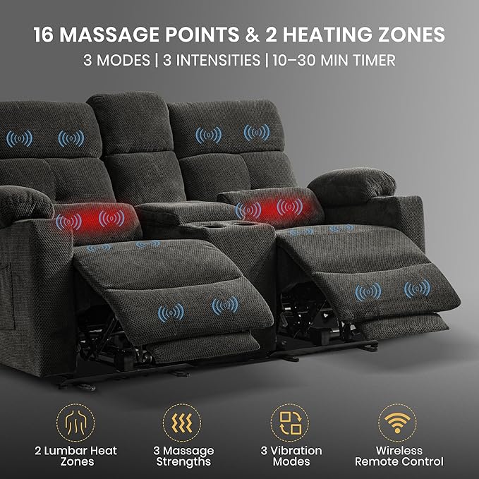 GUEAPY 68" Power Reclining Loveseat with Heat & Massage, Wall Hugger Double Reclining Sofa with Console, Cup Holders & Storage, Power Recliner Couch for Camper, Trailer, RV, Home Theater Living Room