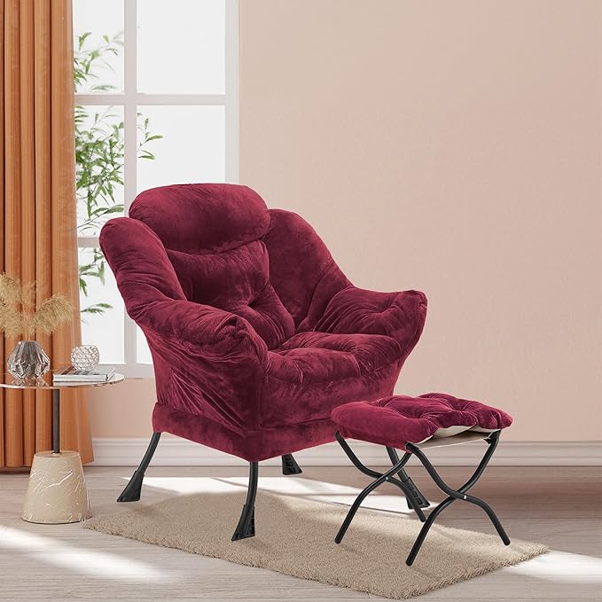 Lazy Chair with Folding Ottoman, Accent Chair Plush Upholstered with Metal Structure and Non-Slip Pads, Sofa Armchair with Footrest and Side Storage Bag for Dorm, Room, Office, Rose Red