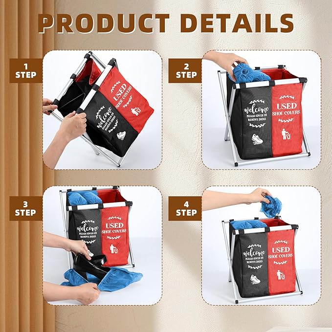 Foldable Disposable Shoe Cover Box Dispenser Fabric Storage Bin Holder with Used Shoe Covers and Welcome Please or Remove Sign for Open House Supplies(Black, Red)