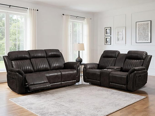 Zero Gravity Power Reclining Sofa Set, 3-Seater Reclining Couch with Drop Down Table + 2-Seater Power Loveseat Recliner with Console,Living Room Furniture (Foil Fabric, Brownish Gray)