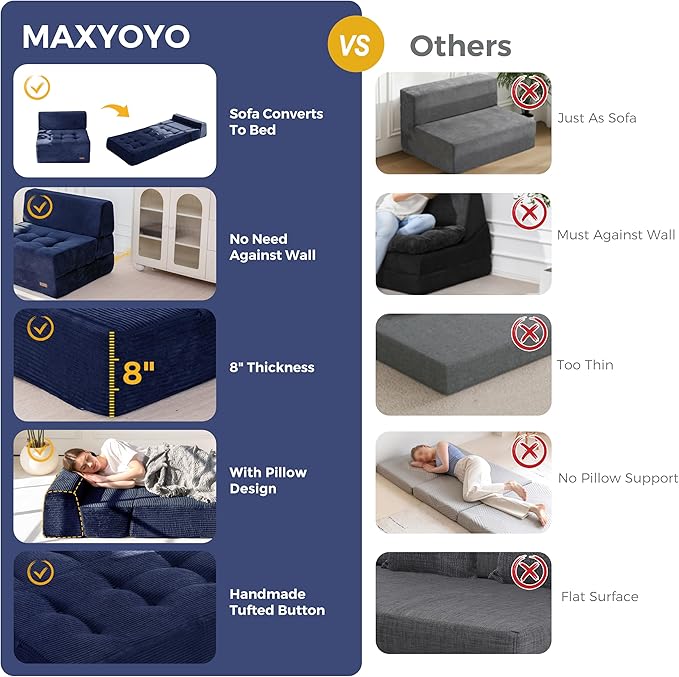 MAXYOYO 8" Folding Sofa Bed, Convertible Sleeper Sofa Lounger Foldable Mattress, Wedge Shape Floor Couch Tufted Fold Out Chair Bed Comfy Floor Couch Lounge for Living Room Bedroom, Single, Navy