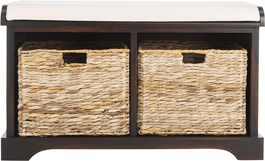 SAFAVIEH Home Collection – Freddy Brown Storage Bench with Wicker Baskets & Cushion, Entryway Seating Bench, Fully Assembled (AMH5736A)