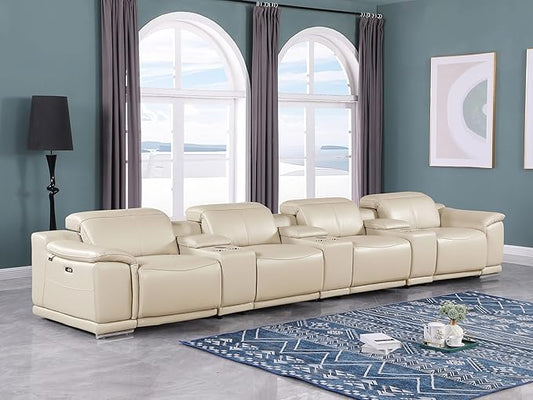 BlackJack Furniture Venice Top Grain Italian Leather Power Recline 7 Piece 4 Seater Sofa - 175" Theater Seating Modern Couch for Living Room Apartment with Adjustable Headrests & USB Port, Beige