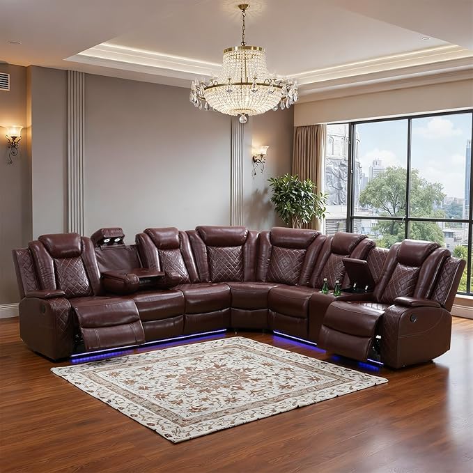 Power Leather Recliner Sectional Sofa with LED Light,L Shaped Reclining Couch with USB Charger/Cup Holder/Storage,Leather Sofa for Living Room Furniture Sets(Burgundy,Sectional)