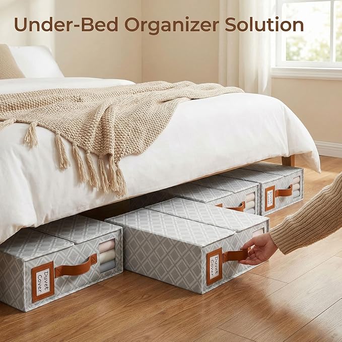 6 Pack Bed Sheet Organizers and Storage, (King & Queen Size) Sheet Organizer for Linen Closet, Foldable Bedding Storage Box with Window for Bedsheets, Duvet Cover and Pillowcase (Light Printed 6 Pack)