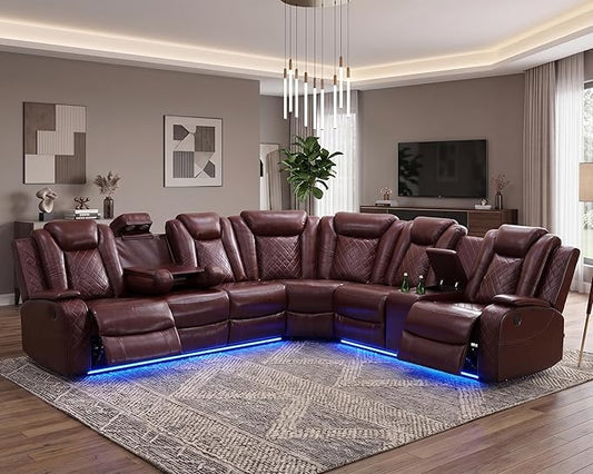 Power Recliner Sectional Couch for Living Room, Breathing Leather Reclining Sectional Sofa, 6 Seat L Shaped Reclining Couch with LED Lighting/Cup Holders/Strorage/USB Port (Wine Red)