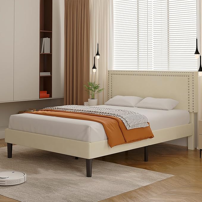 Full Size Platform Bed Frame with Height Adjustable Upholstered Headboard, Modern Mattress Foundation,Strong Wood Slat Support, No Box Spring Needed, Easy Assembly