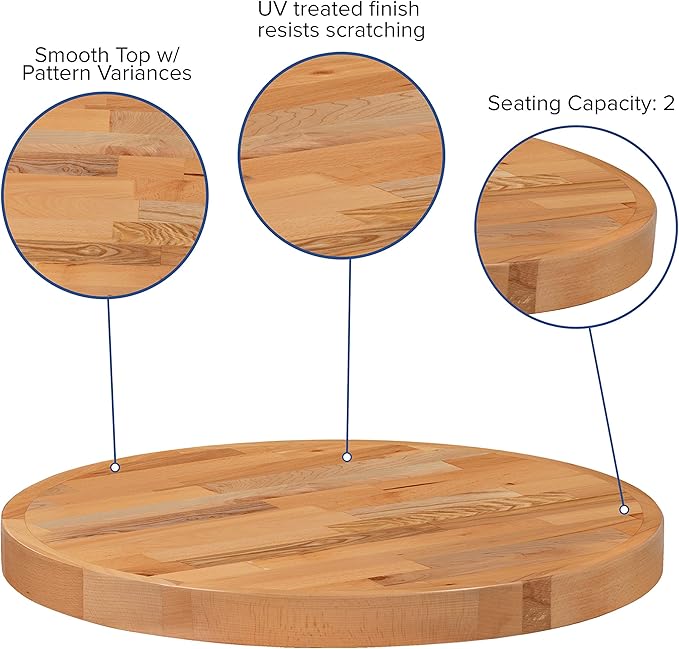 Flash Furniture Mayfair 24" Round Butcher Block Style UV Treated Table Top for Restaurant, Bar, or Kitchen