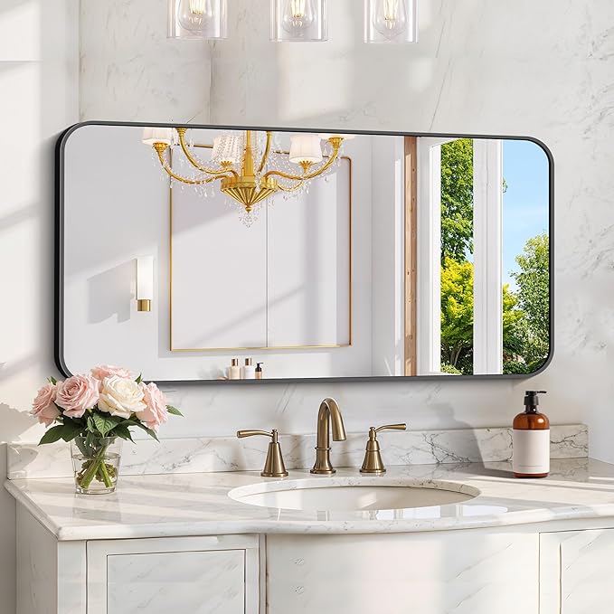 KOCUUY Black Bathroom Vanity Mirror, 24 x 48 inch Metal Frame Mirror with Rounded Corner, Rectangle Design of Upgraded Shatterproof Glass for Bathroom, Bedroom, Living Room, Entryway