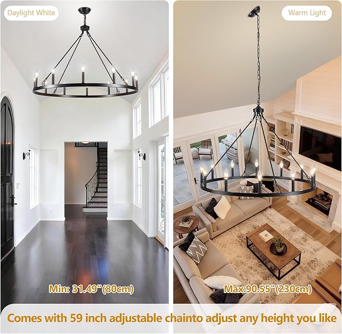 Black Wagon Wheel Chandelier 38 inch,12-Light Farmhouse Wagon Wheel Chandeliers Round Industrial Ceiling Rustic Country Light fixtures for Outdoor Porch high Ceilings Living Dining Room Foyer Entryway