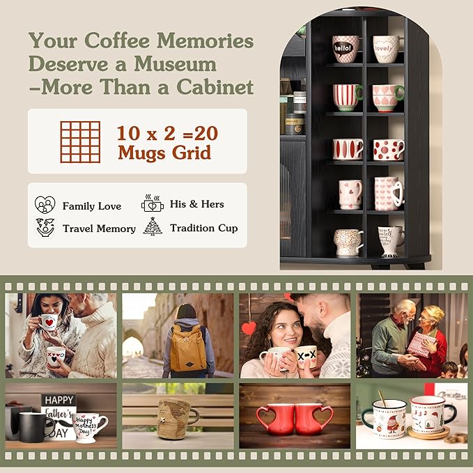 VINAEMO Coffee Bar Cabinet with 24-Cup Display, Large Drawer & Storage,Modern Buffet Sideboard for Kitchen, Medium Wooden Bar Station for Apartment，Black
