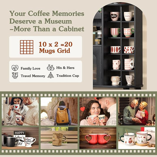 VINAEMO Coffee Bar Cabinet with 24-Cup Display, Large Drawer & Storage,Modern Buffet Sideboard for Kitchen, Medium Wooden Bar Station for Apartment，Black