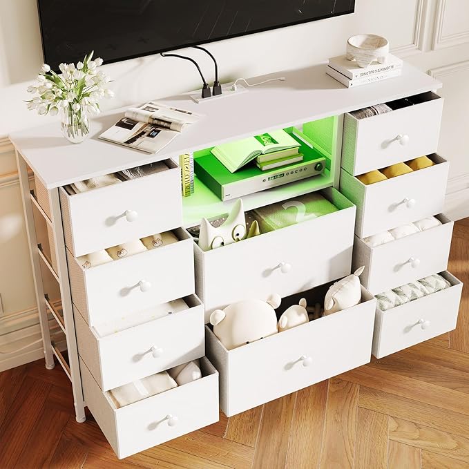 Dresser for Bedroom with 10 Drawers, White Storage Organizer TV Stand for 55" TV with LED Lights and Sockets, Fabric Chest of Drawers with PU Finish for Kid Room, Entryway, Living Room, Hallway