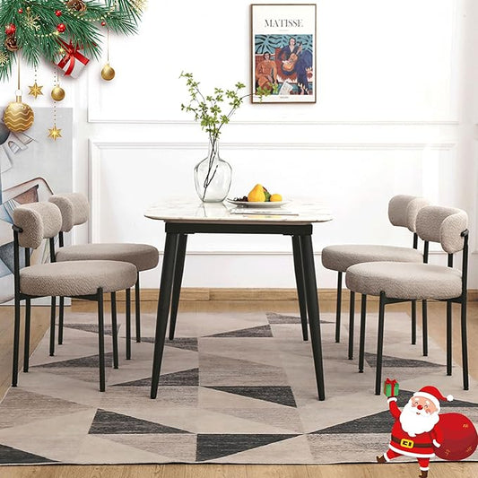EDWELL Boucle Dining Chairs Set of 4, Modern Dining Room Chairs with Thick Cushions, Round Upholstered Kitchen Chairs with Black Metal Legs for Dining Room, Kitchen, Living Room, Grey
