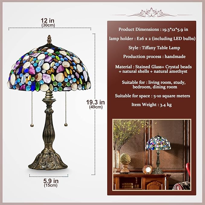 Tiffany Table Lamp,Stained Glass Lamp with Natural Shell,12" Vintage 2-Light Handmade Tiffany Style Lamp,Tiffany Bedside Light for Bedroom Living Room Office(2 LED Bulbs Included)