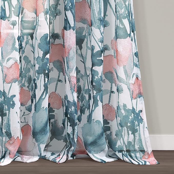 Lush Decor Zuri Flora Sheer Window Curtain Panels Pair 38" W x 84" L Blue & Coral - Sheer Curtains for Living Room - Floral Curtains for Bedroom