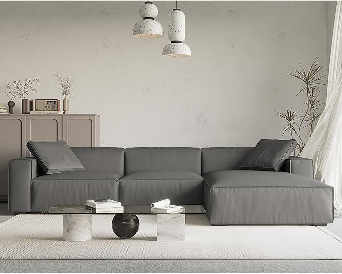 Acanva Modern L-Shaped Deep Sectional Sofa Furniture Set for Living Room Lounge, Minimalist Style Comfy Suedette Upholstery Corner Couch with Chaise, Grey