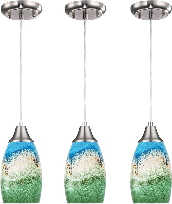 3pack Mini Pendant Lights Kitchen Island Hand Blown Art Glass Hanging Ceiling Pendant Light Over Kitchen Sink Glass Pendant Light Shade for Coffee Bar,Dining Room,Stairs Multi Color