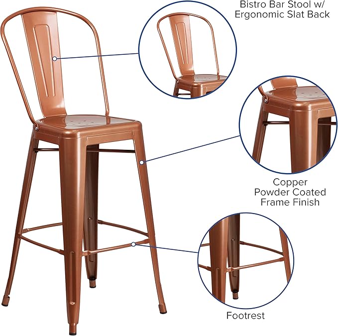 Flash Furniture Blake Commercial Grade 4 Pack 30" High Copper Metal Indoor-Outdoor Barstool with Back