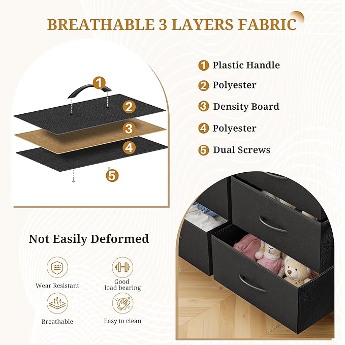 Dresser with 9 Drawers for Bedroom, Fabric Clothes Cabinet for Closet, Anti-Tip Storage Dresser with Metal Frame for Living Room, Entryway, Dorm, Black