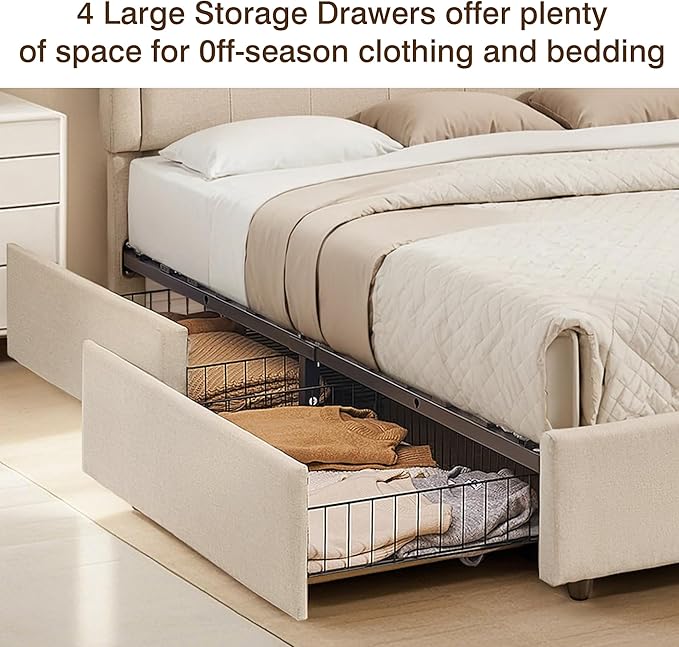 VECELO Full Size Platform Bed Frame with 4 Storage Drawers,Fabric Upholstered Headboard and Wooden Slats Support,Built-in USB and Type C Ports, No Box Spring Needed,Easy Assembly