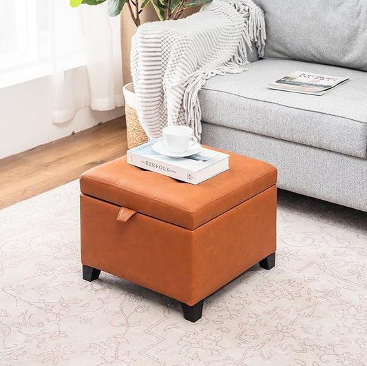 Adeco Faux Leather Storage Ottoman, 17.5" Square Cube Footrest with Lift Top Lid for Blankets, Upholstered Vanity Stool & Entryway Shoe Bench for Living Room, Bedroom, Warm Orange