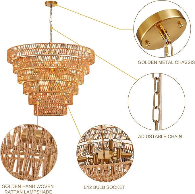 31.5“ Hand-Woven Rattan Chandelier Vintage Farmhouse 12-Lights Boho Bamboo Large Chandeliers Light Fixture 6-Tier Drum Wicker Golden Chandelier for Dining Room, Living Room, Kitchen, E12