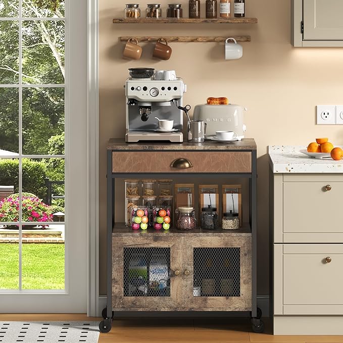 X-cosrack Coffee Bar Cabinet，3 Tiers Kitchen Coffee Cart with Drawer for The Home, Movable Farmhouse Ktichen Station Table on Wheels for Living Room, Entryway, Dining Room, Kitchen
