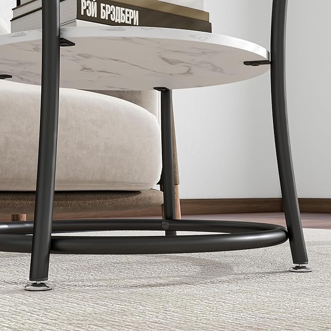 BOFENG Round Coffee Table,2-Tier Center Table with Storage Shelf for Living Room,White Coffee Tables with Sturdy Metal Frame,Sofa Table for Home Office, Easy Assembly