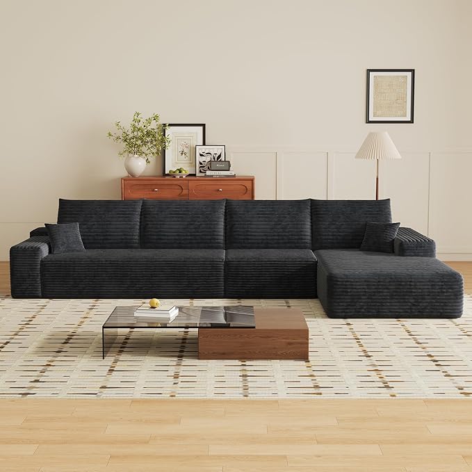 135" Corduroy Couch Sectional with Chaise, L Shape Boneless Cloud Couches for Living Room Bedroom, Fluffy Deep Seat Compression Sofa, Modular Corner Couch No Assembly, Right Facing Chaise, Black
