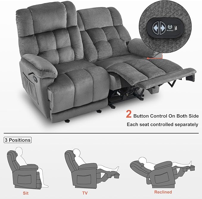 MCombo 58.7" Zero Gravity Power Loveseat Recliner with Heat and Vibration Massage, Reclining Loveseat Sofa with USB Ports for Living Room, Fabric 6237 (Grey)