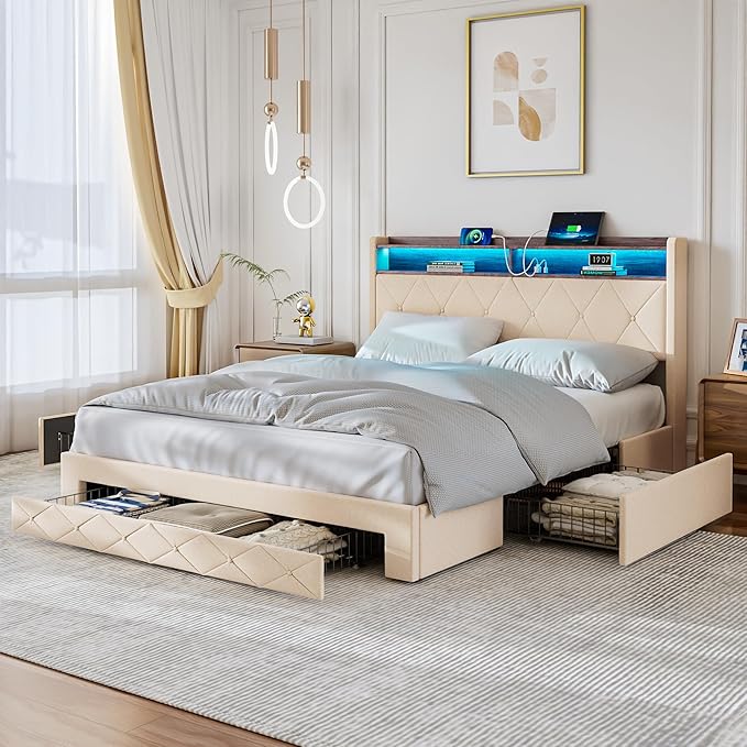 VECELO Velvet Queen Size Upholstered Bed Frame with Headboard, Sturdy Platform Queen Bed Frame with 3 Capacious Drawers, LED Light, Charging Station, USB Ports, Quiet, Easy Assembly, Beige