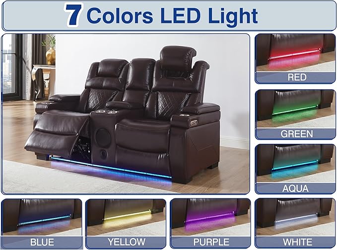 THSUPER Power Breathable Leather Reclining Loveseat with 7-Color LED Light, Living Room Recliner Couch with Adjustable Headrest/USB Port/Wireless Charging/Bluetooth Speaker for Living Room, Brown