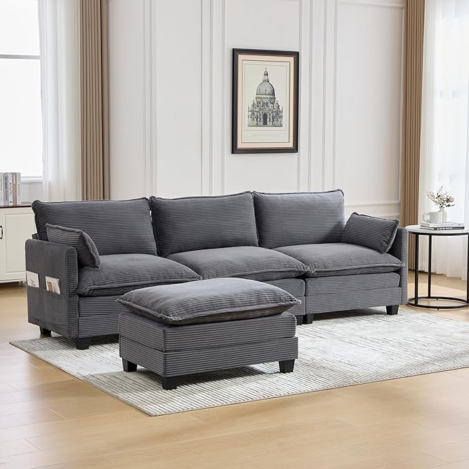 103" Oversized Modular Sectional Sofa Couch with Reversible Ottoman, Free Combination Convertible Corner Couch,Corduroy Upholstered Cloud Sectional Couch with Side Pockets | Multiple Cushions, DIY Combination, Removable Cover