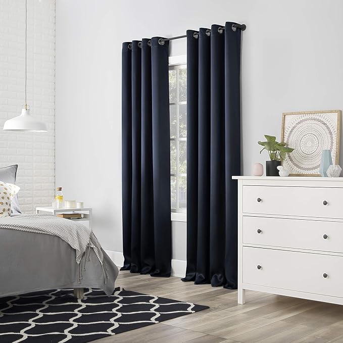 Sun Zero Nordic 2-pack Theater Grade Extreme 100% Blackout Grommet Curtain Panel Pair, 52" x 84", Navy Blue