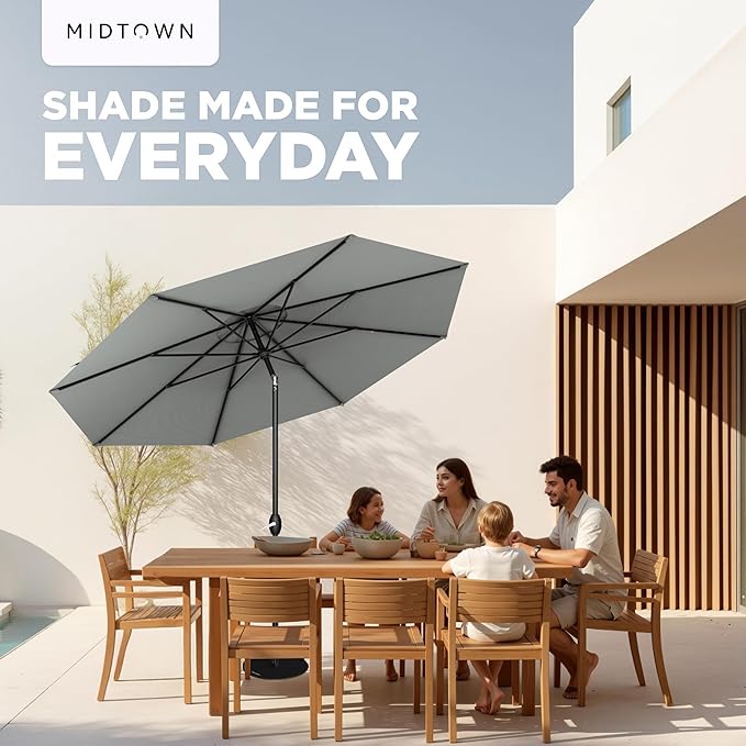 Midtown Umbrellas - 10-Year-No-Fade 8 Ft Patio Umbrella with Terylast Fabric, Auto-Tilt Aluminum Frame and 8 Reinforced Ribs for Deck, Pool, Garden & Beach - Matter Grey Canopy, Black Pole