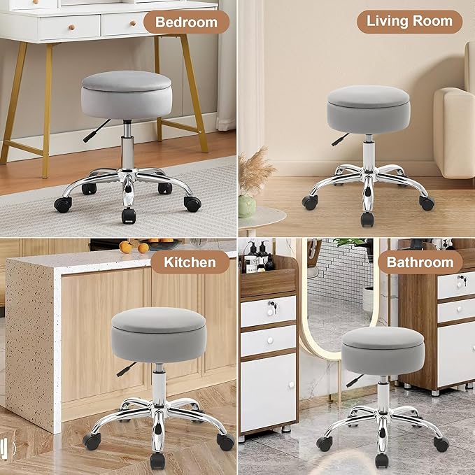 Adjustable Vanity Stool with Storage Rolling Vanity Chair with Wheels Swivel Vanity Stool Chair for Vanity Makeup Stool Grey