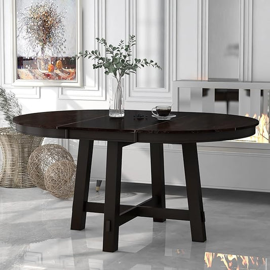 ERYE Farmhouse Style Extendable Wooden Round Dining Table, Functional Extendable Oval Dining Table with 16" Leaf