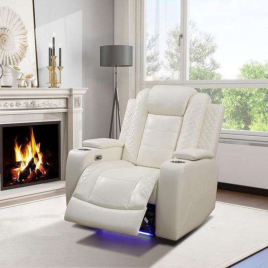Power Recliner Chair for Living Room, Breathing Leather Reclining Chair with LED Lighting, USB Charging Port and Armrest Hidden Storage (Cream White,Upgared)