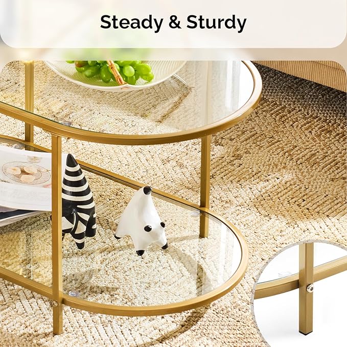 VINGLI 38" Oval Coffee Table, Transparent Glass Coffee Tables for Living, Modern Coffe Table with 2-Tier Storage, Tea Table for Small Space, Office, Balcony, Matte Gold