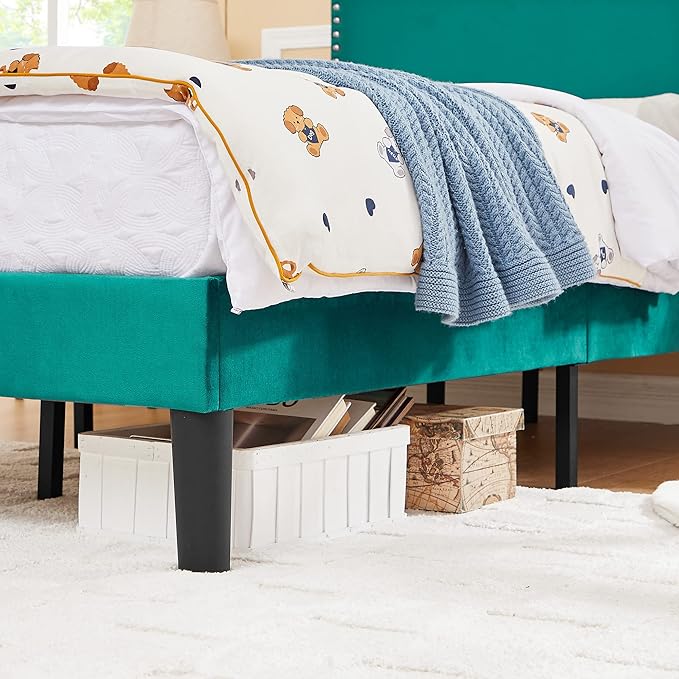 VECELO Twin Bed Frame, Platform Bed Frame with Adjustable Height Upholstered Headboard, Heavy-Duty Frame and Strong Wooden Slats Support, Non-Slip and Noise-Free, Easy Assembly, Dark Green